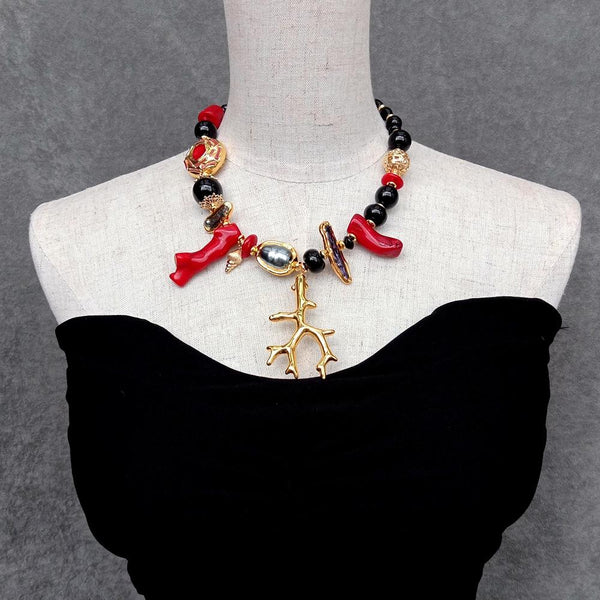 Y.YING Cultured Black Biwa Pearl Red Coral Onyx Choker Necklace Fashion Women Necklace Gifts