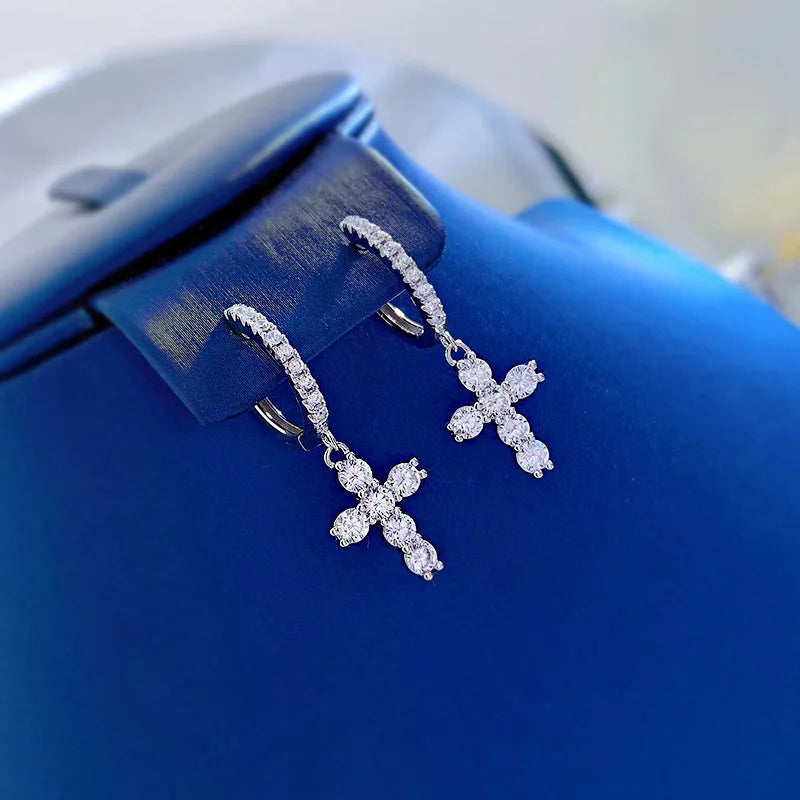 S925 Silver High Carbon Diamond Cross Earrings for Women