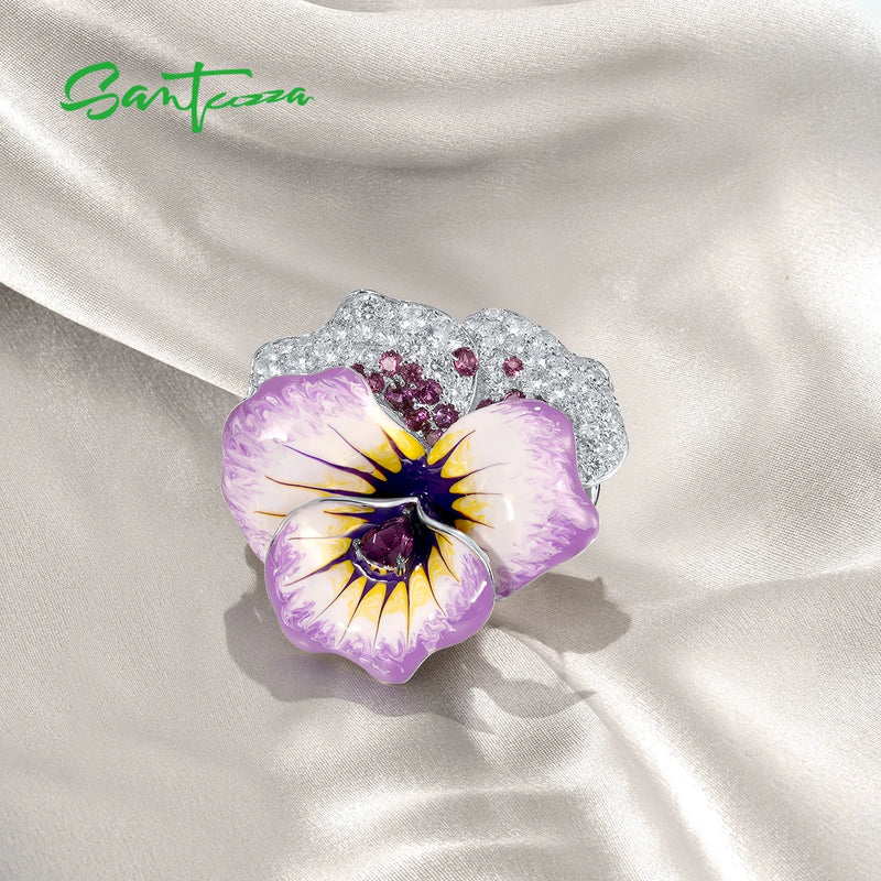 925 Sterling Silver Brooch with Handmade Enamel and Created Purple Delicate Pansy