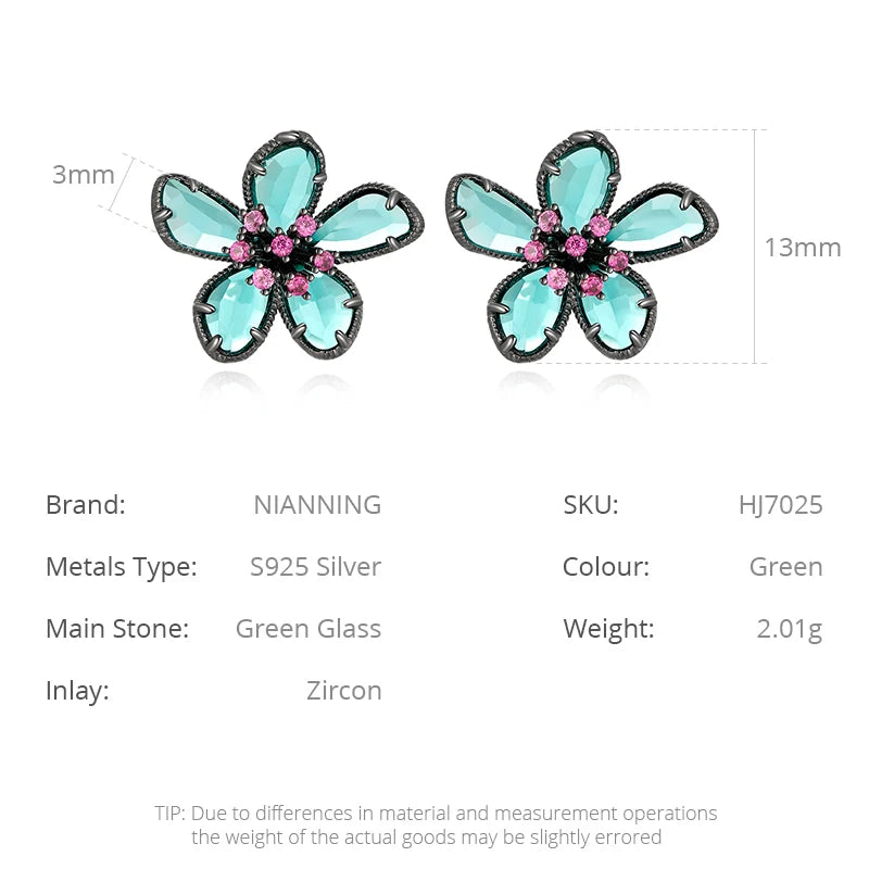 S925 Sterling Silver Green Glass Gemstone Earrings for Women