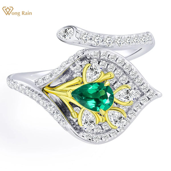 Wong Rain 925 Sterling Silver 4*6MM Pear Cut Emerald High Carbon Diamond Gemstone Open Ring Fine Jewelry for Women Wedding Gifts