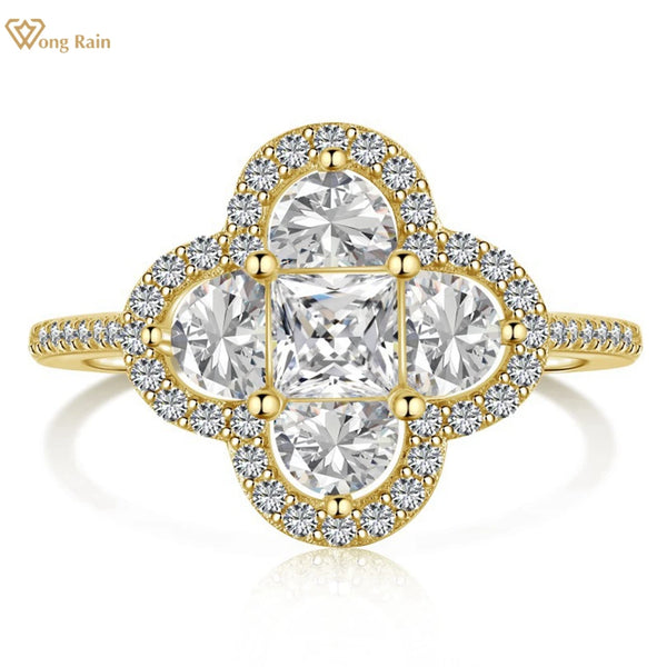 Wong Rain 18K Gold Plated 925 Sterling Silver Four-leaf Grass High Carbon Diamond Gemstone Fine Jewelry Ring For Women Wholesale