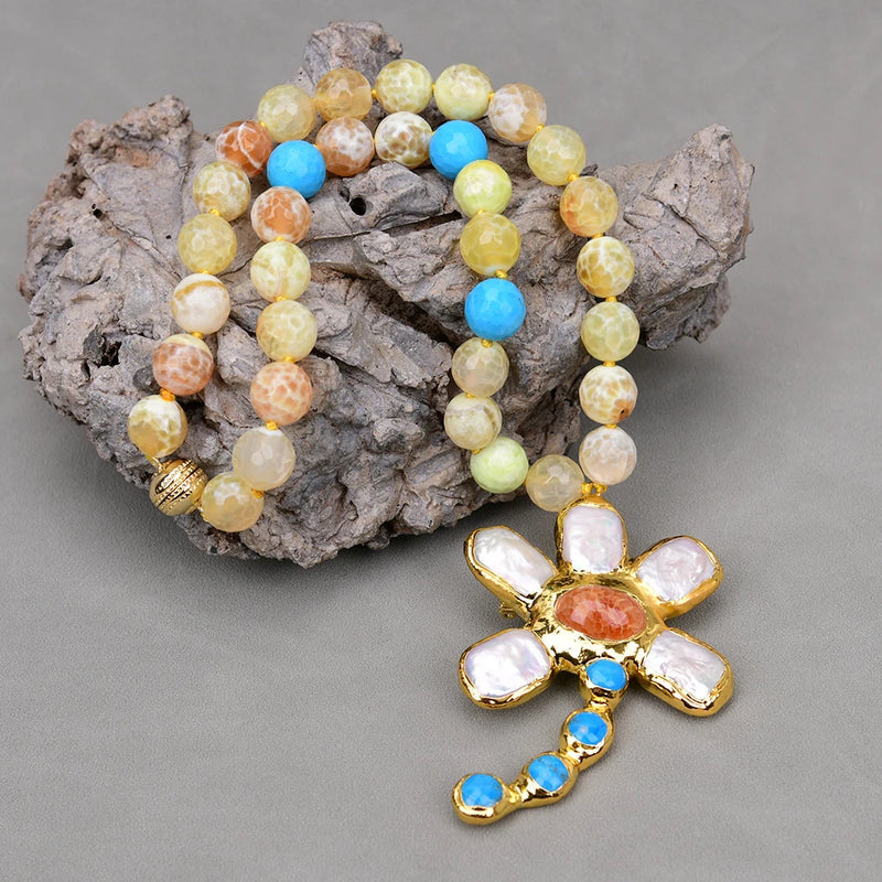 Gold Fire Agate Blue Turquoise Choker Necklace with Keshi Pearl Flower Pendant for Women