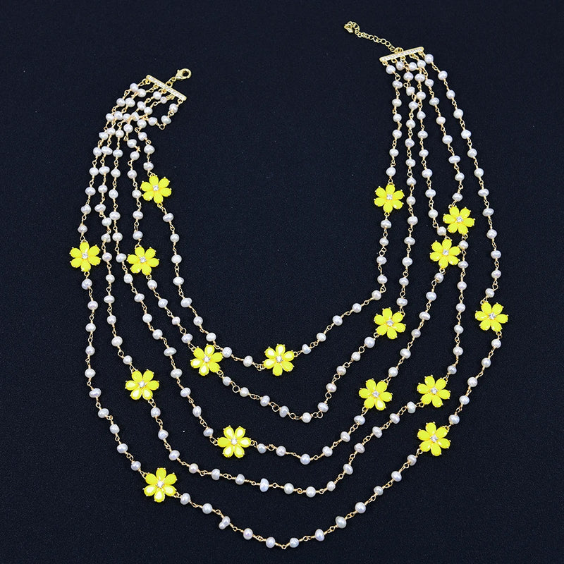 Gold Plated White Pearl 5 Rows Necklace with Yellow Jade Crystal Flower Connector for Women