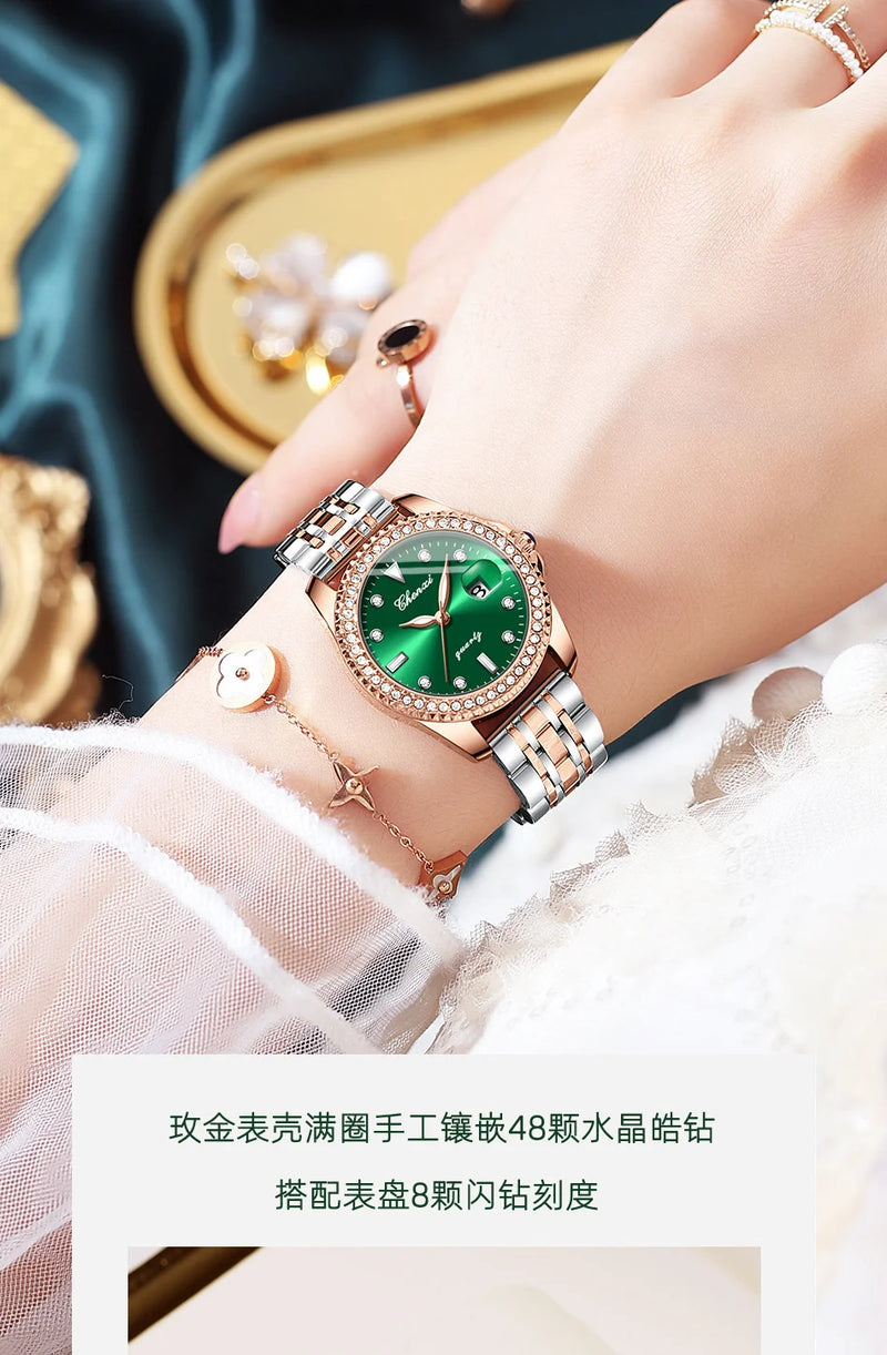 Stainless Steel Diamond Luminous Waterproof Watch for Women