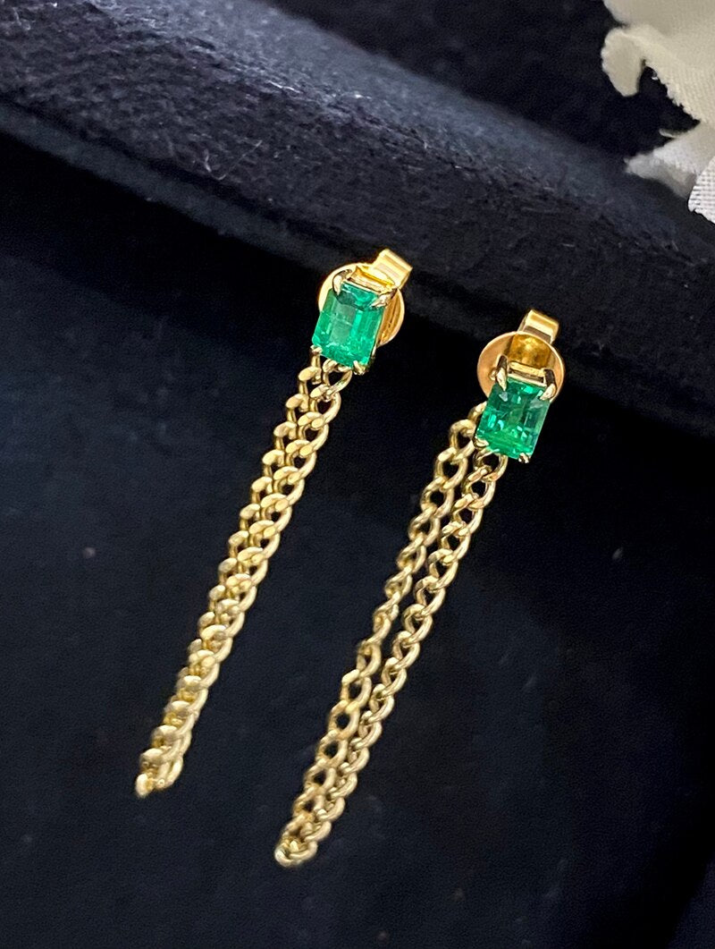 18K Yellow Gold Emerald Chain Earrings for Women