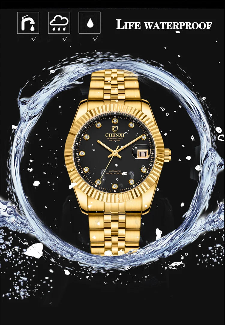 Gold Steel Band Mechanical Watch for Men