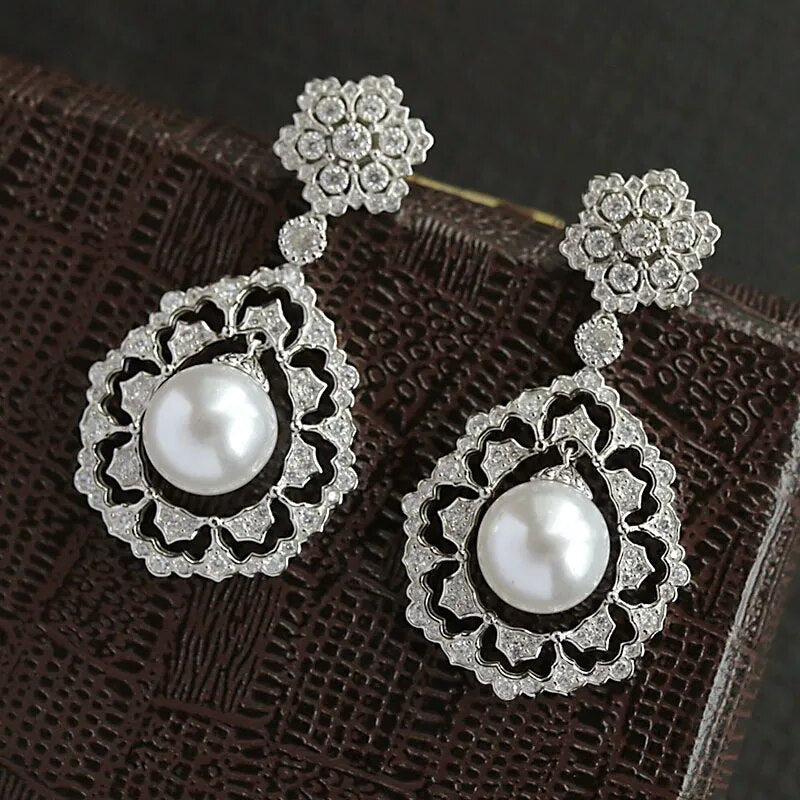 Sterling Silver Zircon Shell Pearl Earrings for Women