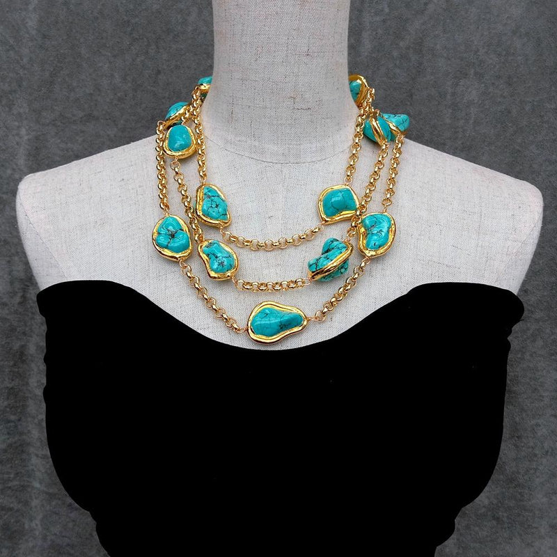 Y.YING 3 Rows Blue Turquoise Freeform Shape Gold Plated Chain Necklace