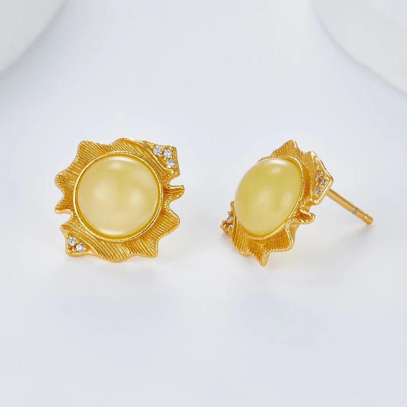 Sterling Silver Inlaid Natural Amber Geometric Stud Earrings for Women