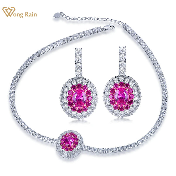 Wong Rain Luxury 100% 925 Sterling Silver Oval Cut Ruby High Carbon Diamond Gemstone Pendant/Necklace/Earrings Jewelry Sets Gift