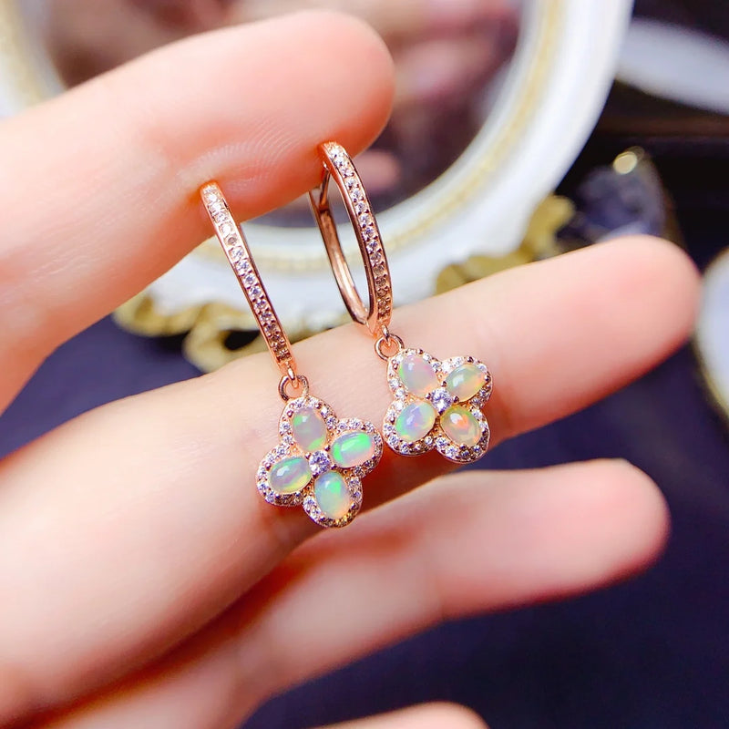 Sterling Silver Natural Opal Flower Earrings for Women