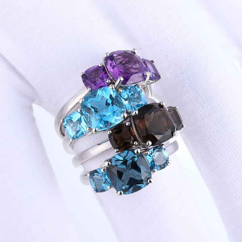 925 Sterling Silver Ring with 4 Carats Smokey Quartz and Blue Topaz Gemstones