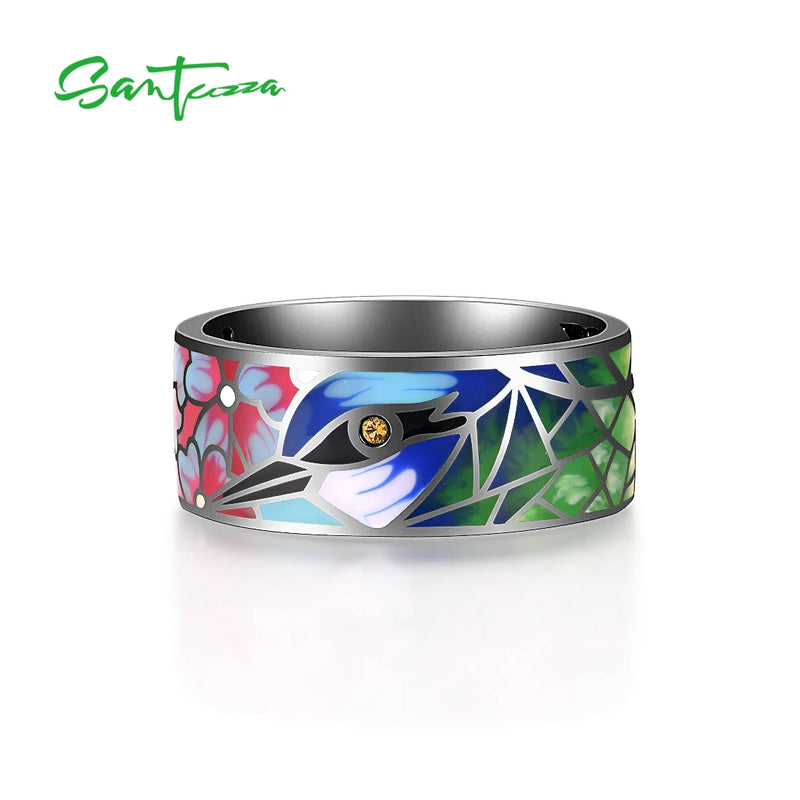 925 Sterling Silver Nano CZ Bird Enamel Rings for Women