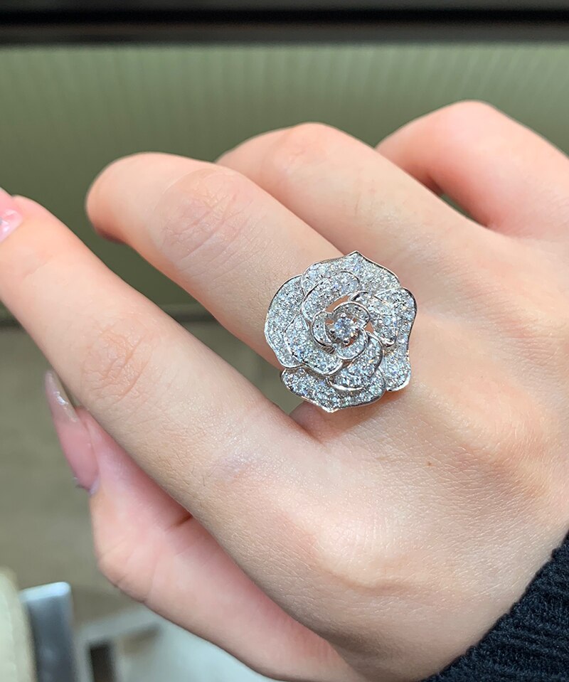 18K White Gold Natural Diamond Flower Rings for Women