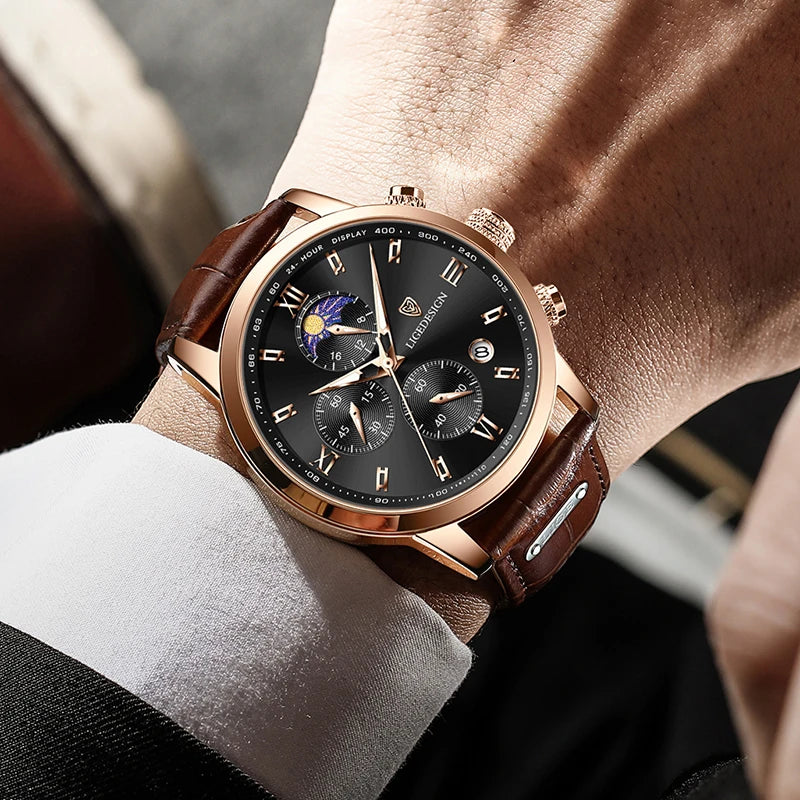 Luxury Men's Fashion Watch with Leather Strap and Waterproof Chronograph Features