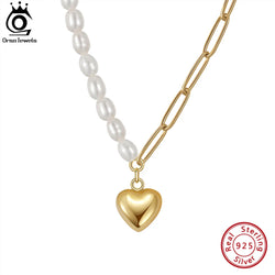 14K Gold Freshwater Pearl Sweet Heart Pendant Choker Necklace for Female