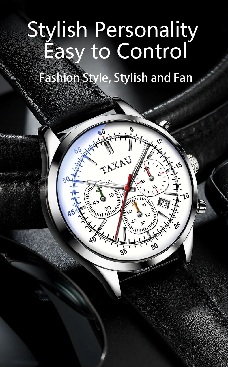 Stainless Steel Leather Strap Waterproof Quartz Watch for Men