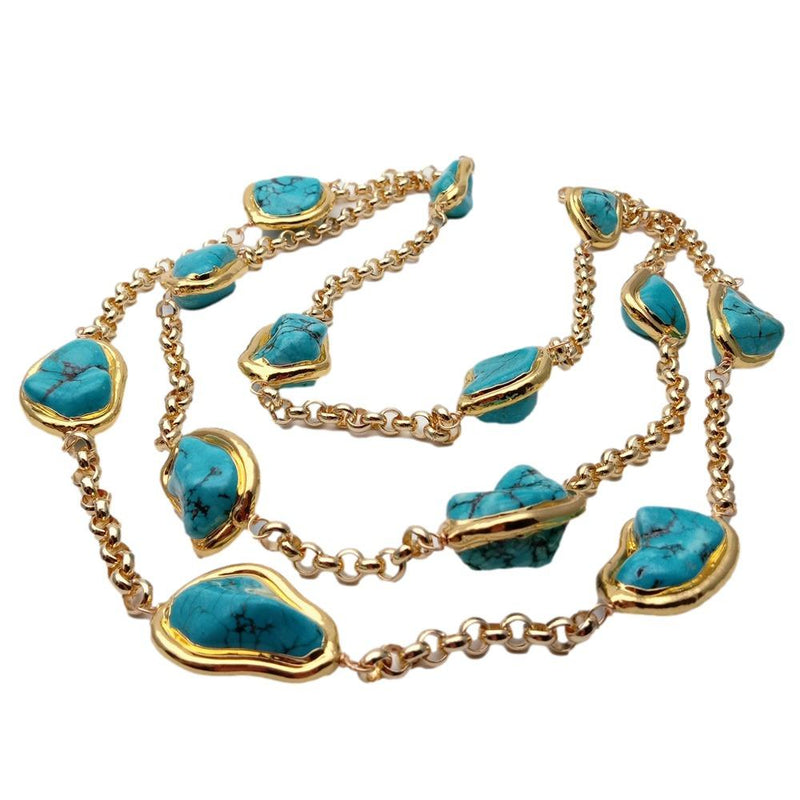 Y.YING 3 Rows Blue Turquoise Freeform Shape Gold Plated Chain Necklace
