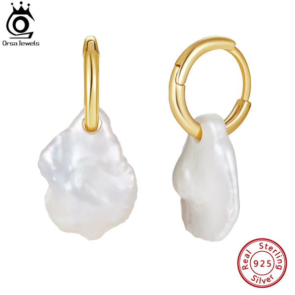 14K Gold Plated Sterling Silver Hoop Earrings with Freshwater Baroque Pearl for Women