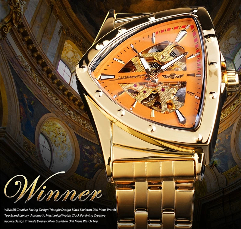 Golden Stainless Steel Skeleton Wrist Watch for Men