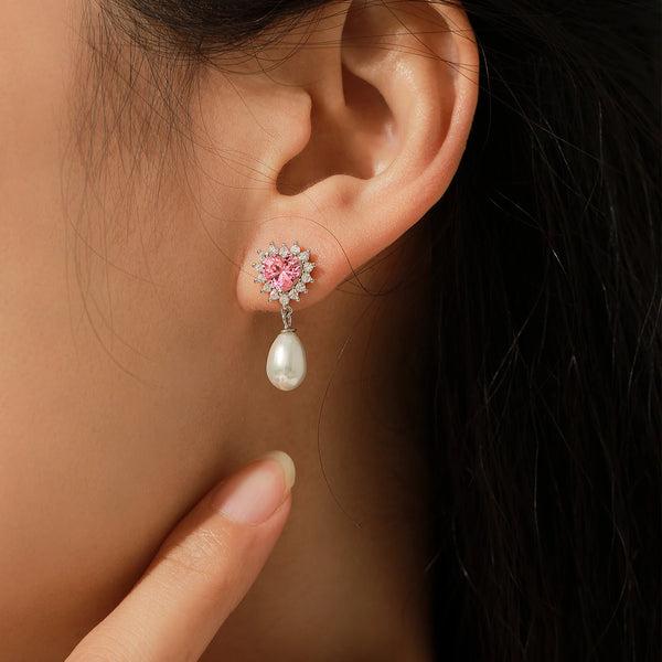 Sterling Silver Pink Zircon and Shell Pearl Dangle Earrings for Women