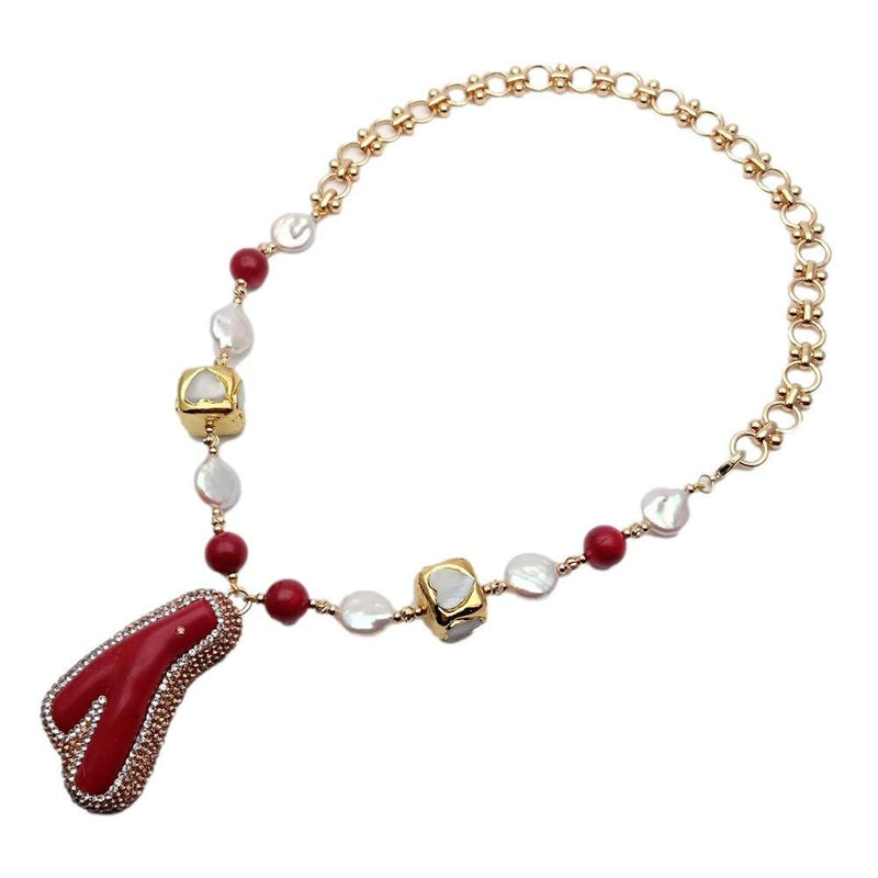 Y.YING Freshwater Cultured White Coin Pearl White Sea Shell Choker Necklace Red Coral Branch Pendant