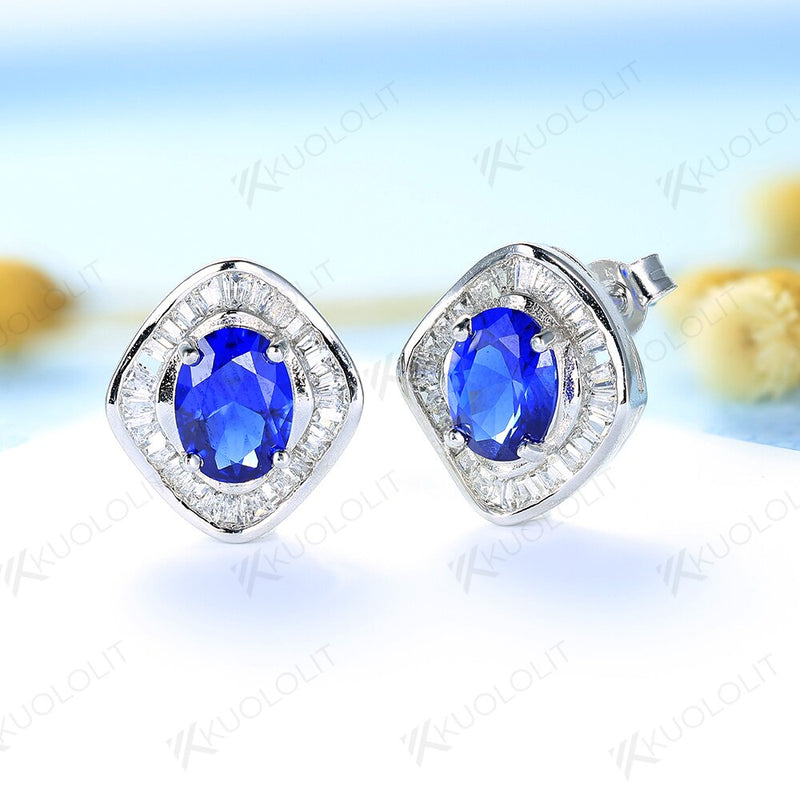 925 Sterling Silver Oval Sapphire Stud Earrings for Women