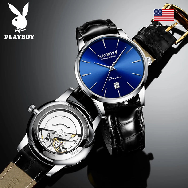 Stainless Steel Leather Strap Automatic Mechanical Watch for Men