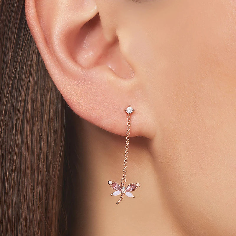 925 Sterling Silver Dragonfly with Stones Rose Gold Drop Earrings for Women