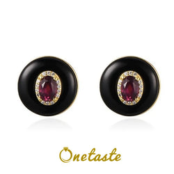 925 Sterling Silver Black Agate & Red Garnet Stud Earrings for Women