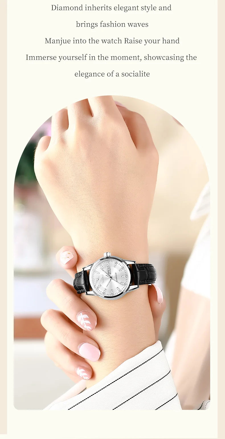 Stainless Steel Leather Casual Elegant Watch with Luminous Calendar, Waterproof for Women