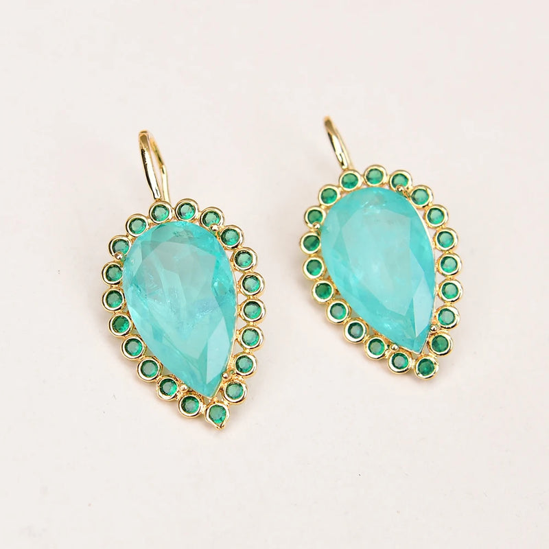 Gold Plated Green Quartz & Zircon Crystal Dangle Earrings For Lady