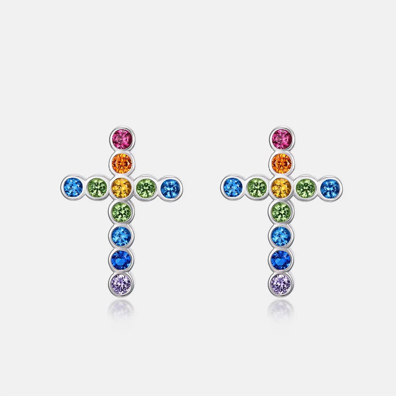 Sterling Silver 2.2mm Zircon Rainbow Cross Stud Earrings for Women