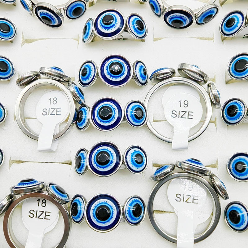 20pc/Lot Wholesale New Stainless Steel Finger Rings For Women Personality Blue Evil Eye Ring Men Silver Gold Color Jewelry Party