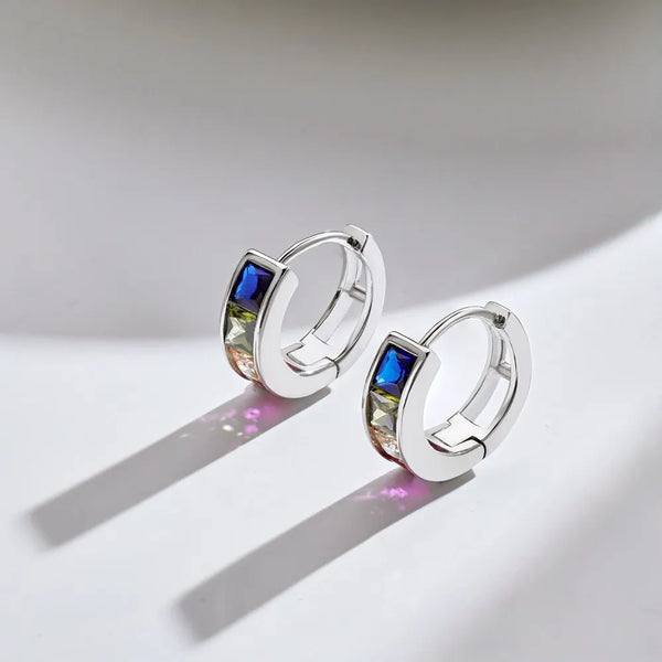 925 Sterling Silver Multicolor Square Zircon Hoop Earrings for Women