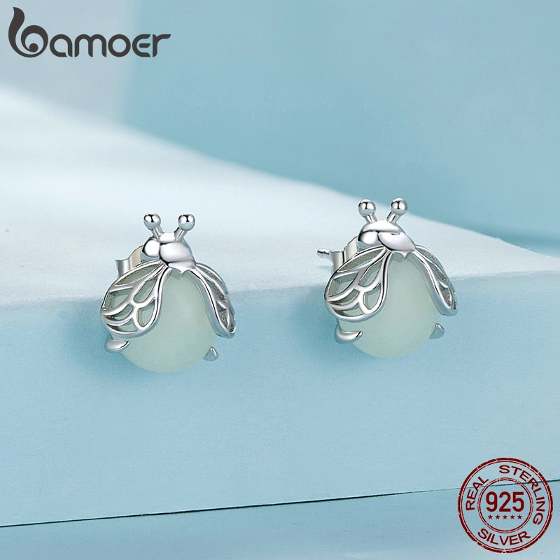 925 Sterling Silver Glow-in-the-Dark Firefly Stud Earrings for Women