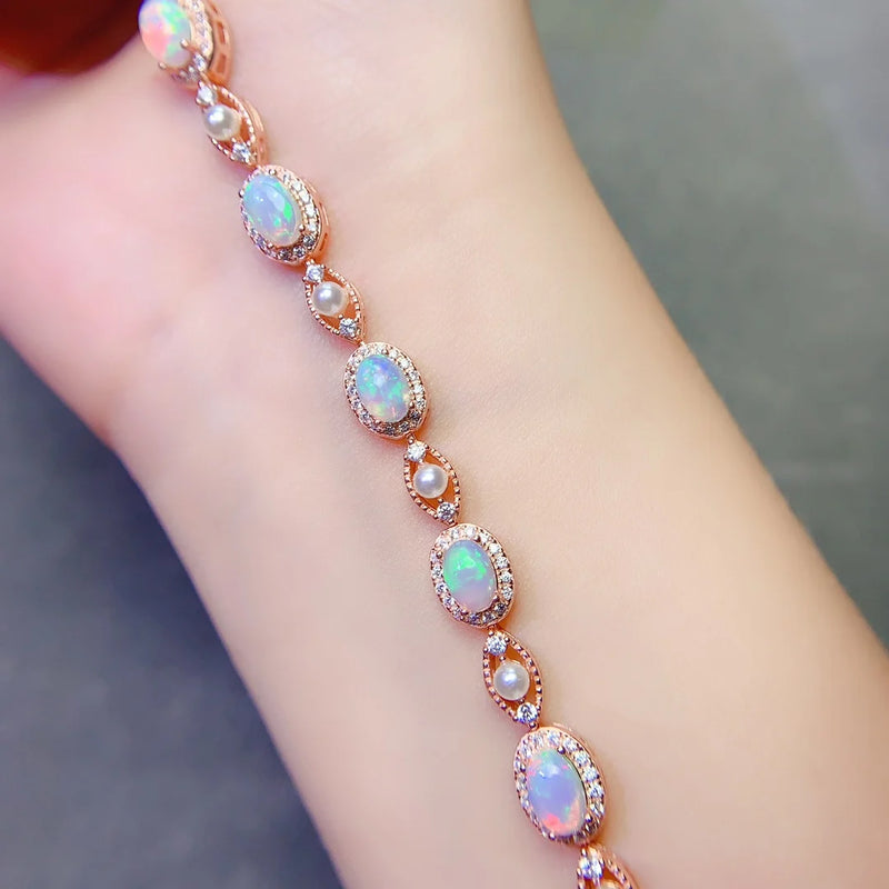 S925 Silver Natural Opal Bracelet, Simple Retro, for Women