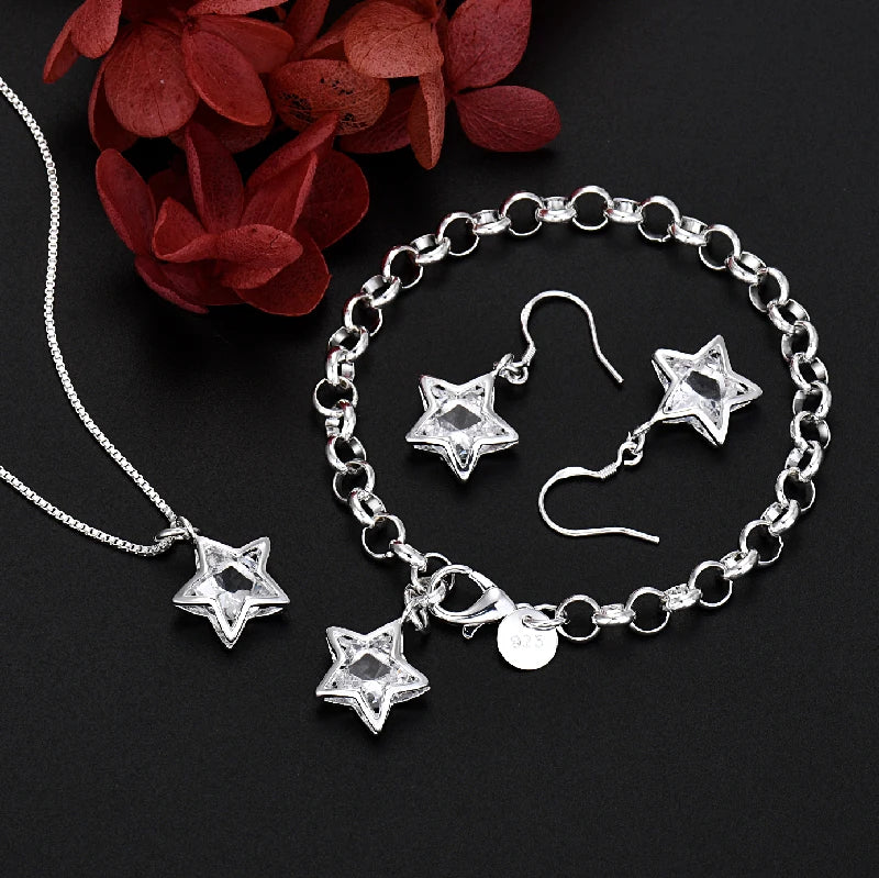 Sterling Silver Crystal Star Necklace Earring Bracelet Set for Women