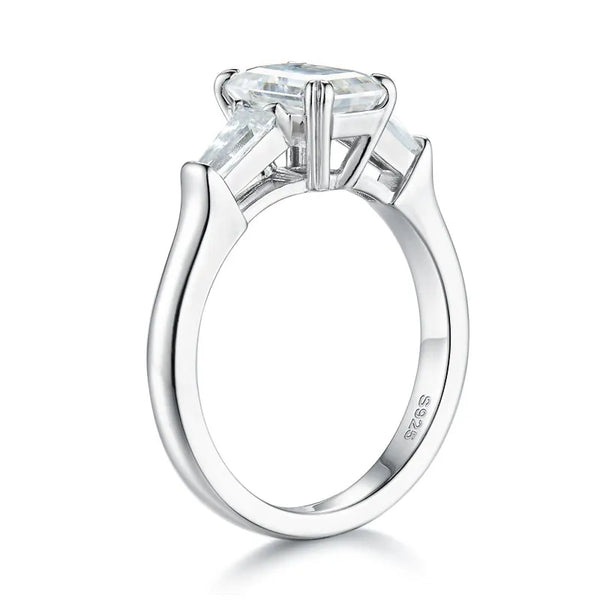 925 Sterling Silver All Moissanite 3-Stone Emerald Cut Engagement Ring for Women, 2ct VVS1 D Color GRA Certificate