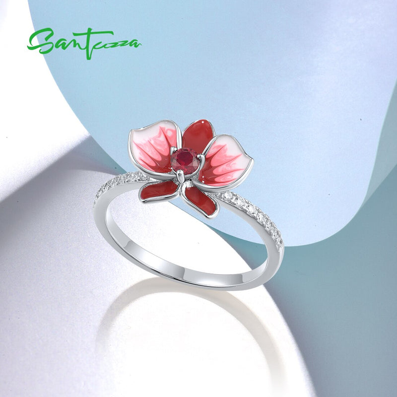 Sterling Silver Ring with White CZ and Ruby, Flower Design for Women