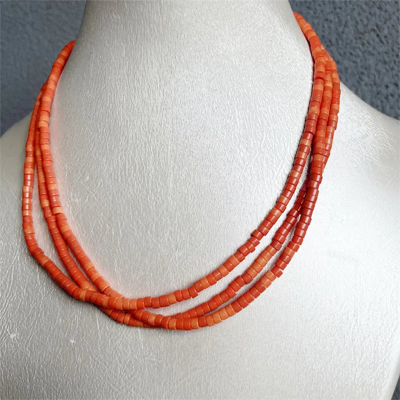 Gold Heishi Necklace with Natural Orange Red Coral for Women