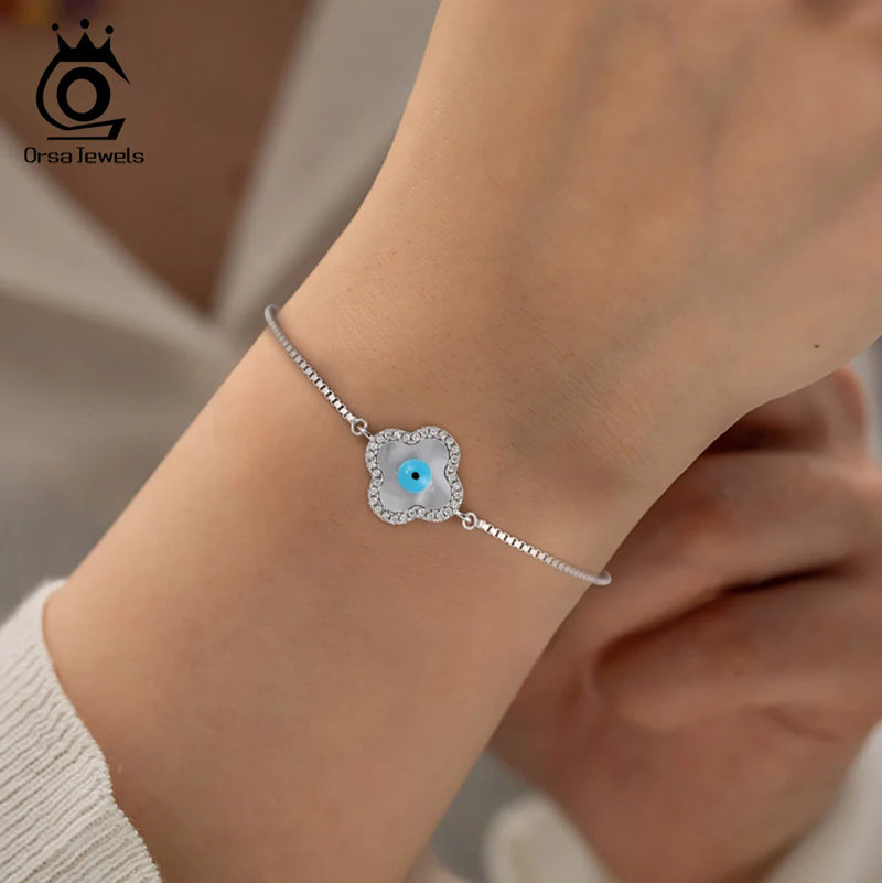 Sterling Silver Clover Shell Evil Eye Bracelet for Women