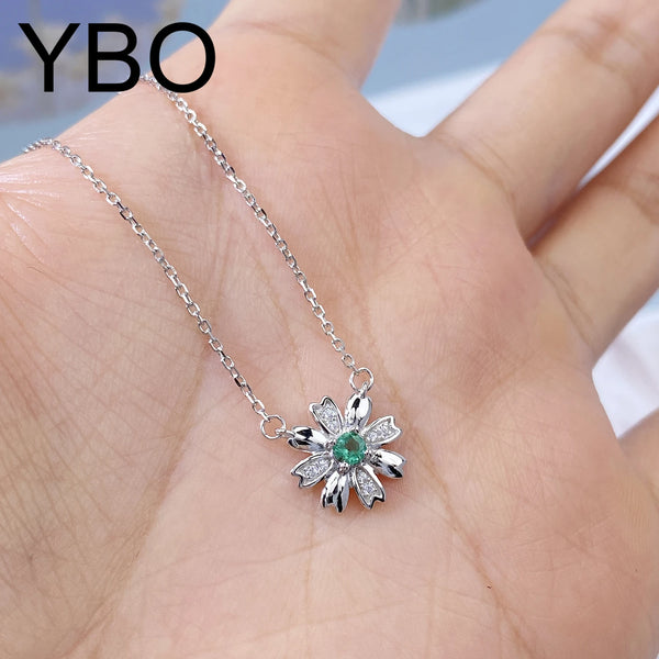 925 Sterling Silver Emerald Chrysanthemum Pendant Necklace for Women