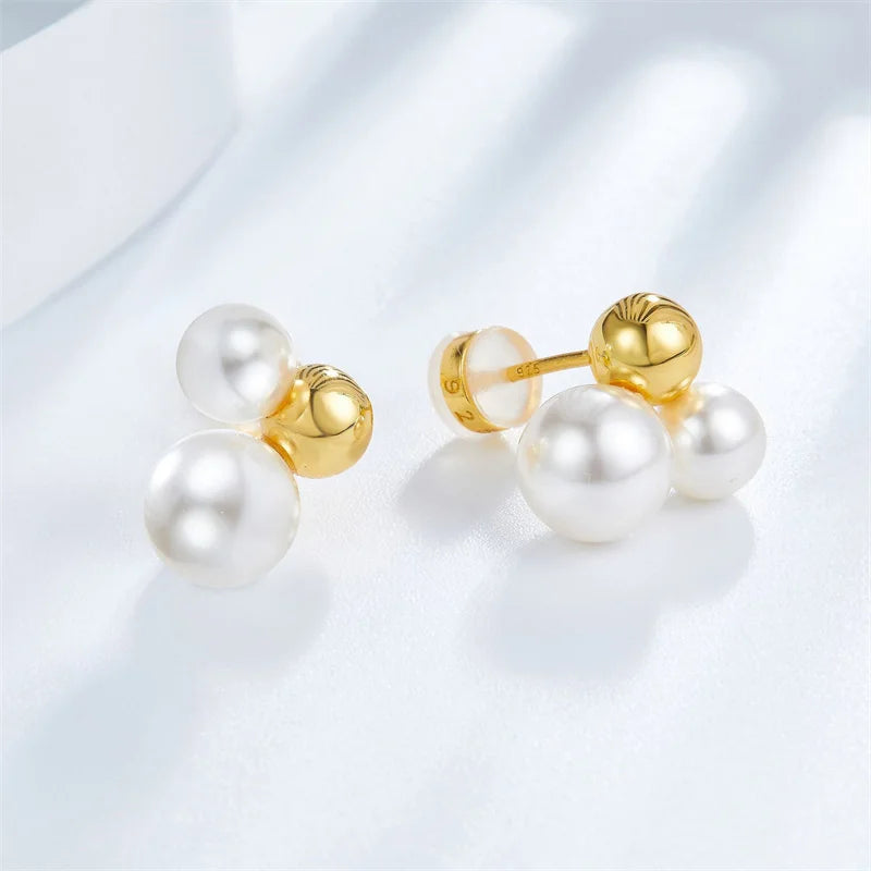 Sterling Silver Shell Pearl Studs Earrings Geometric for Women