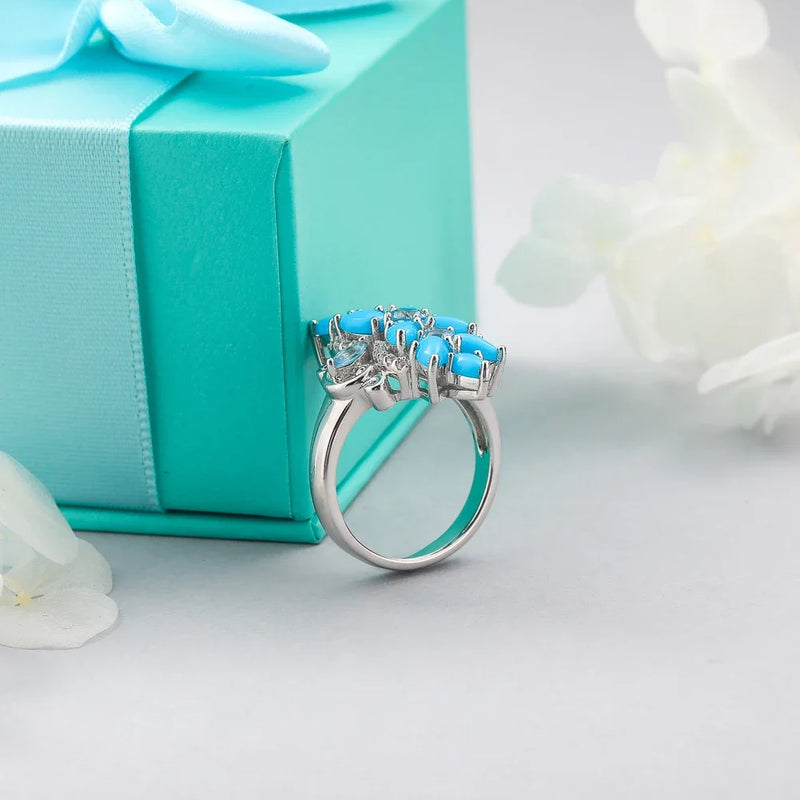 925 Sterling Silver 2 Carats Natural Pear Turquoise Ring for Women