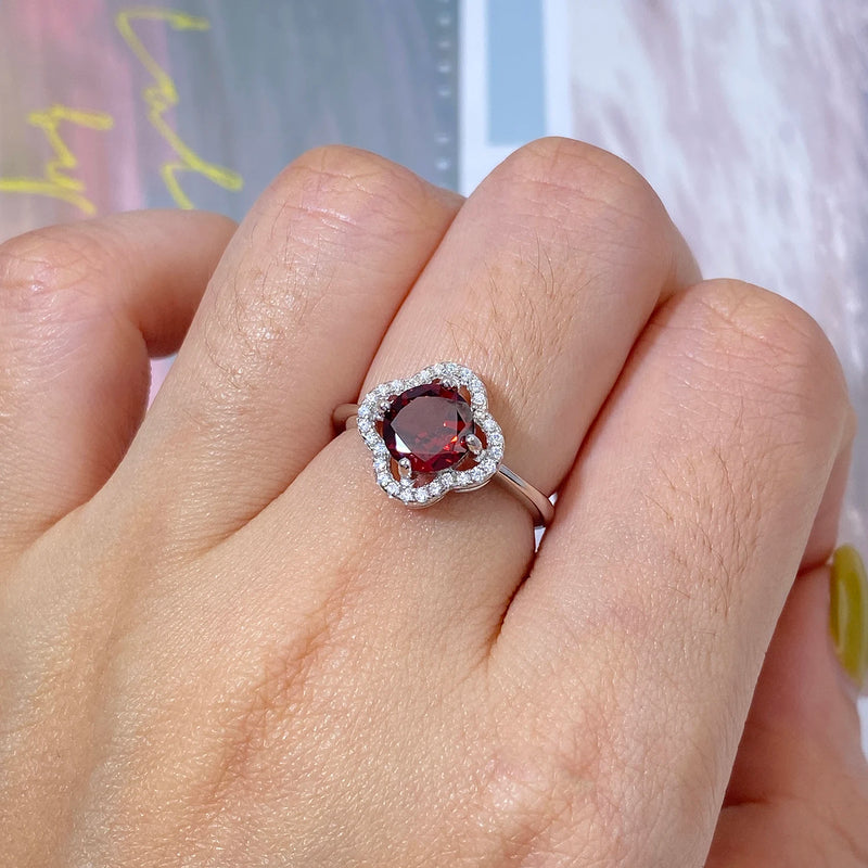 Sterling Silver Garnet Four Leaf Clover Ring for Women