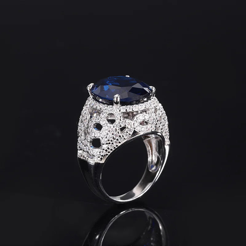 Sterling Silver Full Diamond Tanzanian Blue, Pigeon Blood Red Treasure Ring for Women