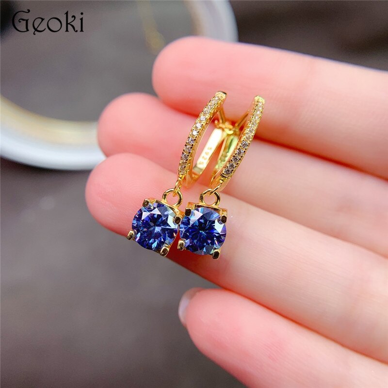 18K Yellow Gold Plate Blue Moissanite Diamond Drop Earrings for Women