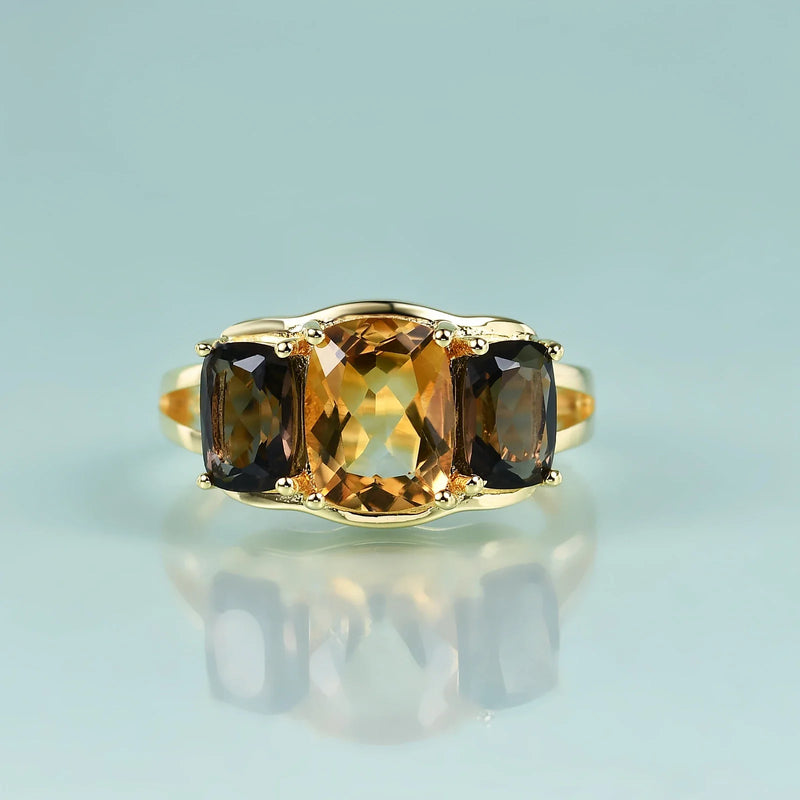 925 Sterling Silver Smoky Quartz & Citrine Three-Stone Engagement Ring for Her